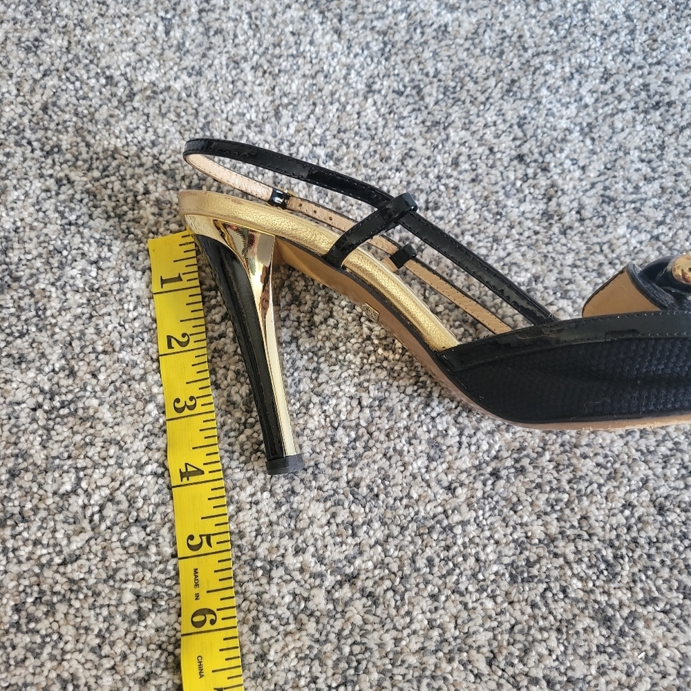 Robert Robert Black and Gold Slingback Leather  Peep Toe Heels Sz 7 US Euro 38 - Picture 8 of 10